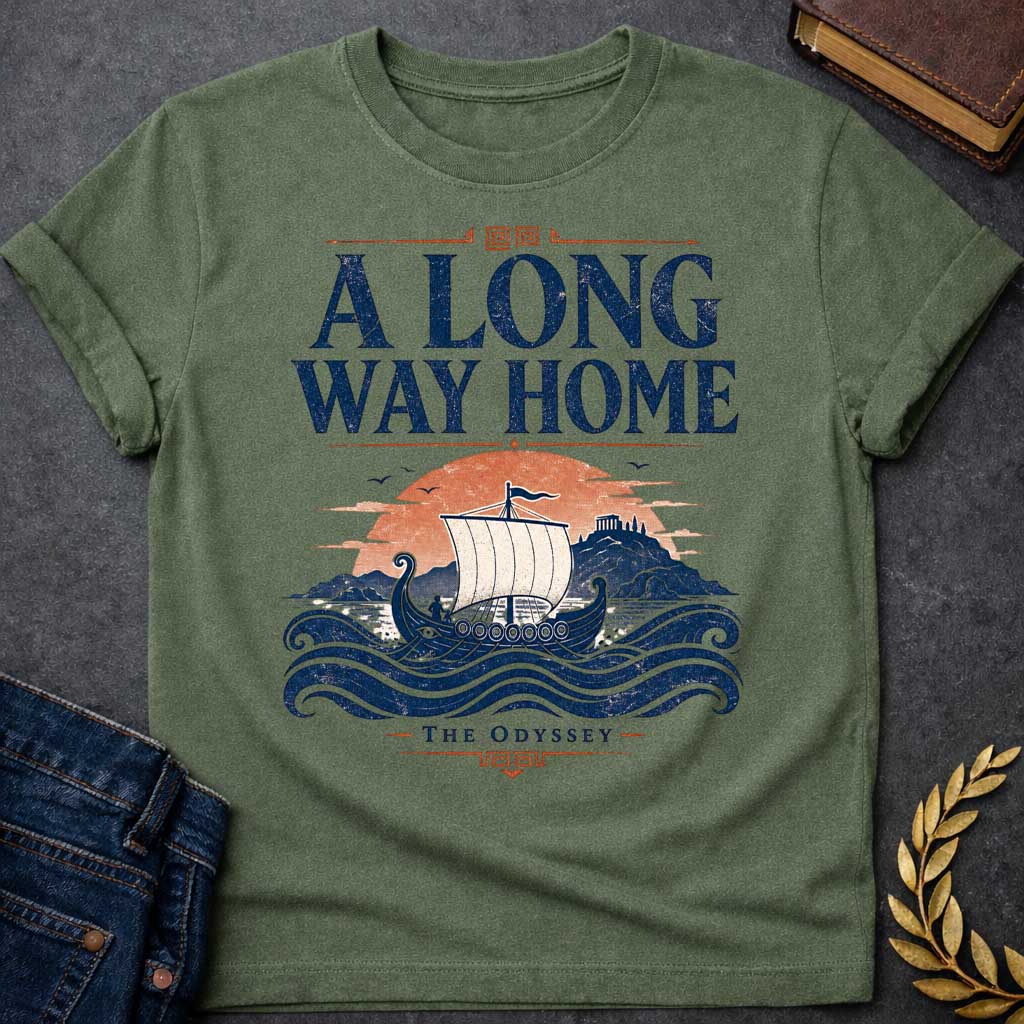 Military Green t-shirt with a Vintage Greek mythology design inspired by The Odyssey, featuring an ancient Greek sailing ship crossing rolling blue waves toward a distant island and temple beneath a warm sunset. Bold distressed text reads "A Long Way Home" with "The Odyssey" below, capturing Odysseus' legendary journey back to Ithaca..
