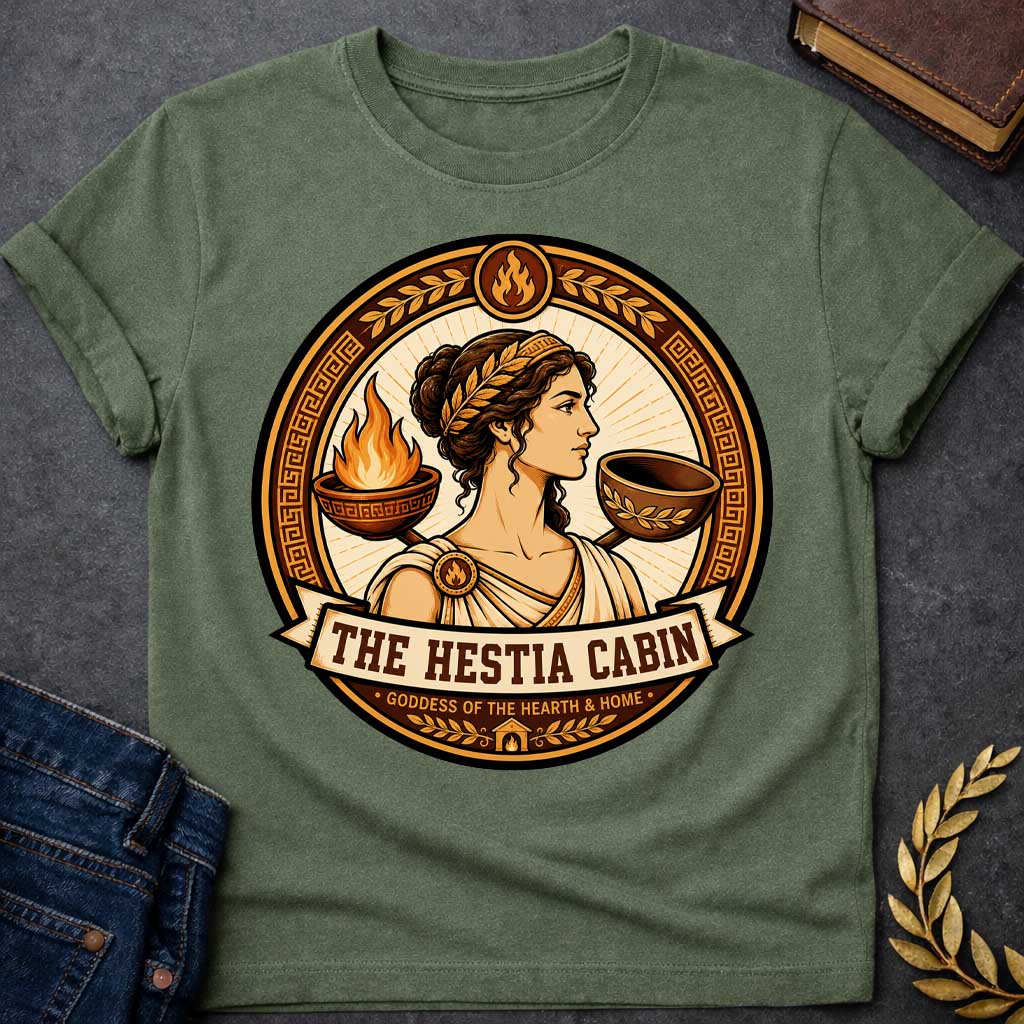 Military Green t-shirt with a Hestia Greek mythology cabin design featuring the goddess of the hearth and home wearing a laurel crown and classical robes, framed by a burning hearth bowl, ceremonial vessel, flame symbols, laurel leaves, and Greek key patterns. Warm gold and brown circular emblem includes the text “The Hestia Cabin” and “Goddess of the Hearth & Home,”
