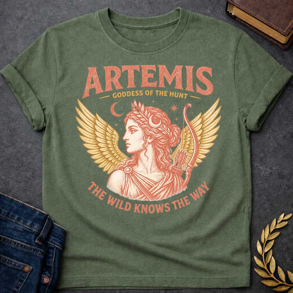 Military Green t-shirt with a Vintage Greek mythology design featuring Artemis, goddess of the hunt, with a crescent moon, stars, bow and arrows, and golden wings. Warm coral and gold engraving-style artwork frames her classical portrait. Bold text reads "Artemis – Goddess of the Hunt" and "The Wild Knows the Way," celebrating the Olympian goddess of nature and the hunt.