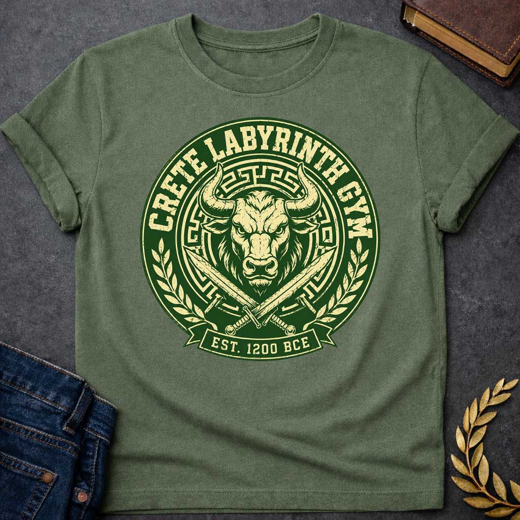 Military Green T-shirt with a Fitness emblem of the Minotaur from Crete's Labyrinth. Green and cream circular badge displays a detailed bull head with curved horns within Greek key borders. Two crossed swords flank below. Laurel wreaths frame sides. Text reads 'Crete Labyrinth Gym' and 'Est. 1200 BCE.' Distressed texture adds vintage appeal. Merges Greek mythology with modern gym culture, celebrating legendary warrior strength.