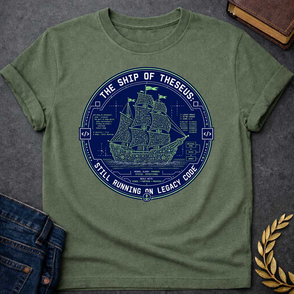 Military Green T-shirt with A Techno-philosophical badge featuring the mythological Ship of Theseus rendered as a circuit board schematic in neon green and navy blue. Classical sailing vessel integrated with computer code, binary, and technical diagrams. Text reads 'The Ship of Theseus Still Running on Legacy Code.' Code snippets reference the philosophical paradox. Bottom states 'Built with: COBOL, FORTRAN, Prayers.' Clever design merges ancient Greek philosophy with software engineering humor and technica