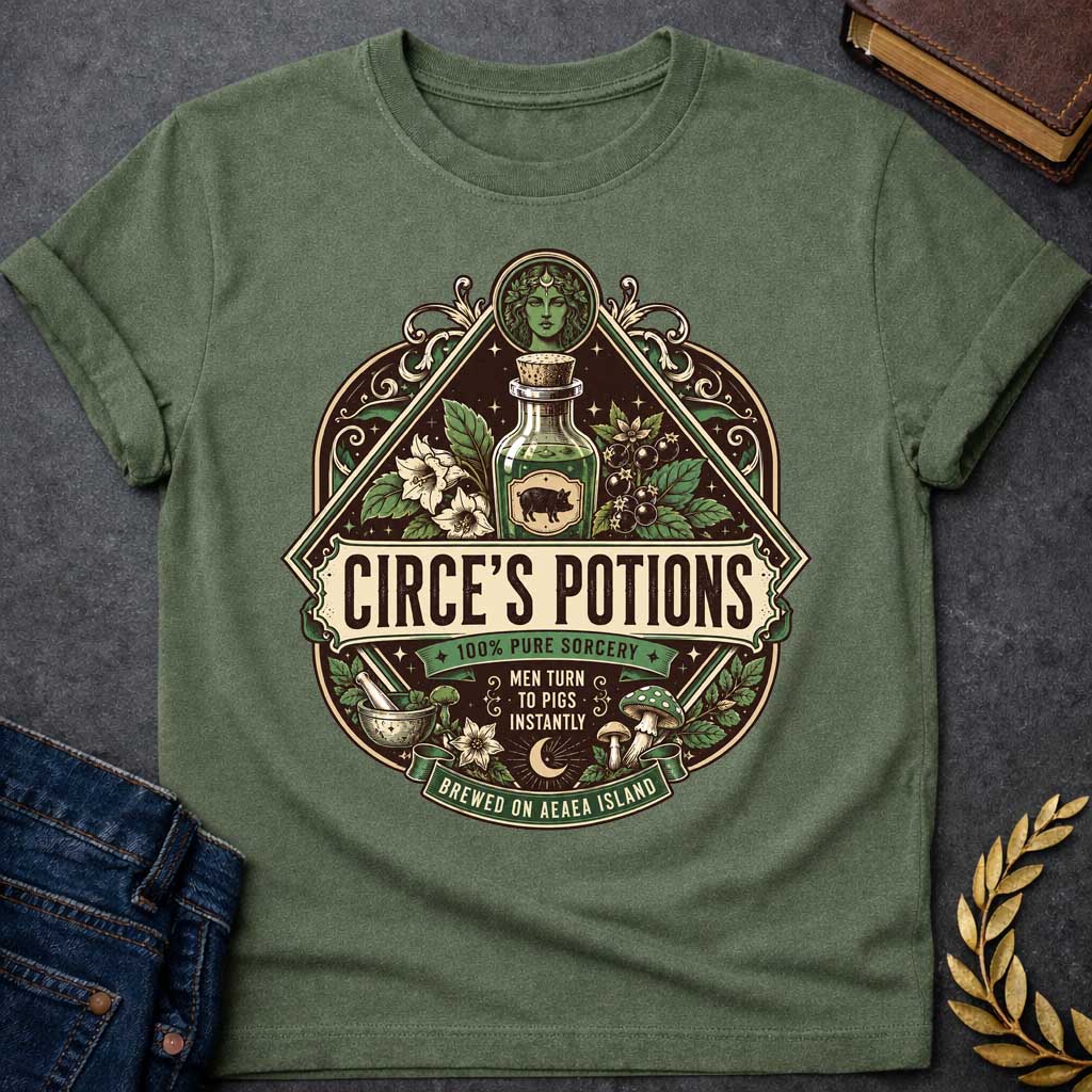 Military Green T-shirt with an ornate, vintage apothecary-style t-shirt graphic for "circe's potions.jpg". At the top, a portrait of the goddess Circe sits above a glass potion bottle featuring a pig label, surrounded by magical herbs. A central banner reads "CIRCE'S POTIONS" in a bold serif font. Additional labels read "100% PURE SORCERY," "MEN TURN TO PIGS INSTANTLY," and "BREWED ON AEAEA ISLAND" amidst a mortar, pestle, and mushrooms