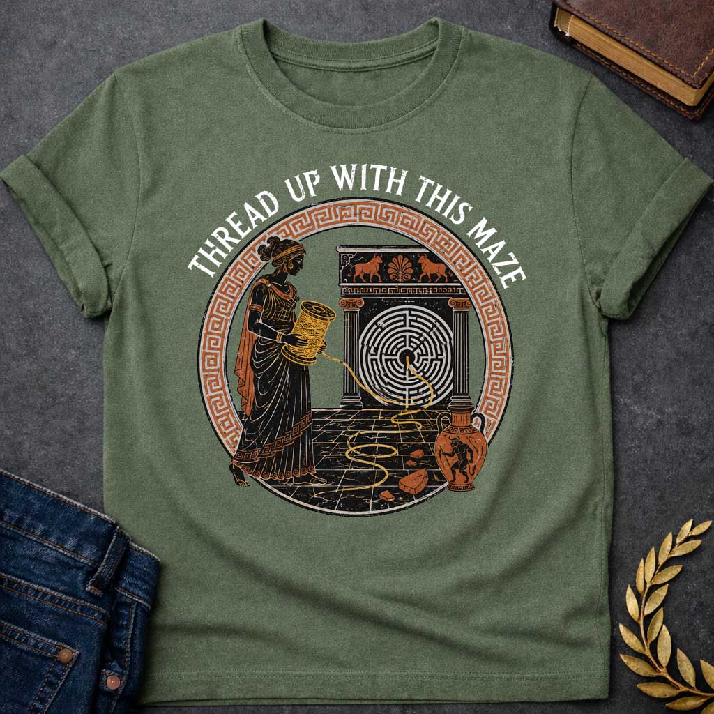 Military Green T-shirt with A distressed, ancient Greek pottery-style t-shirt graphic. Inside a circular terracotta Greek key frame, a black figure of Ariadne holds a large spool, unwinding a golden thread that leads into a circular maze on a stone structure. An amphora vase with a Minotaur stands nearby. Arched above the scene, white text reads "THREAD UP WITH THIS MAZE" in a rustic serif font.