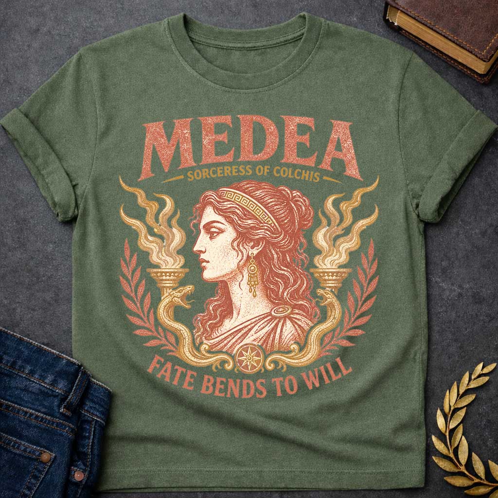 Military Green t-shirt with a Vintage Medea Greek mythology design featuring the Sorceress of Colchis in an elegant classical portrait, framed by mystical flames, serpents, and laurel branches. Distressed terracotta and gold artwork includes bold text reading “Medea,” “Sorceress of Colchis,” and “Fate Bends to Will,” creating a dramatic ancient Greek aesthetic.