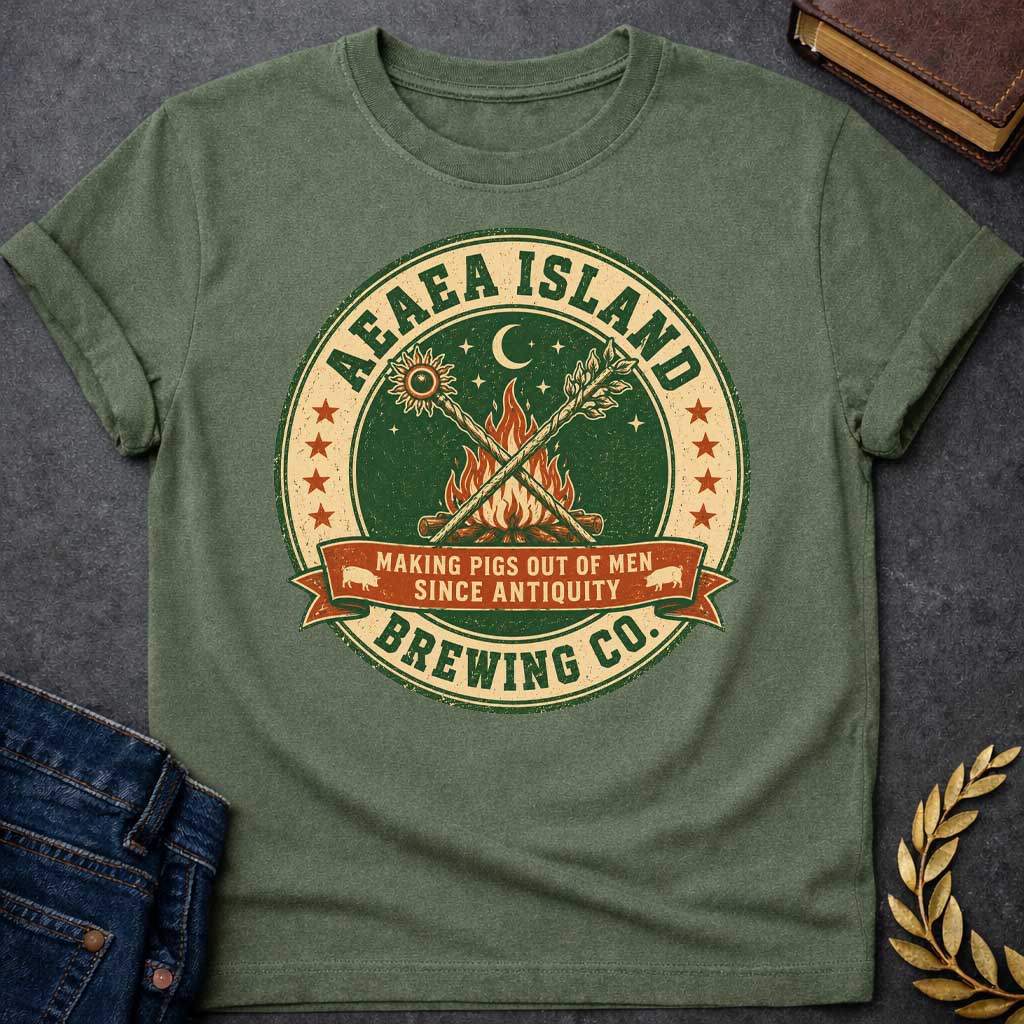 Military Green T-shirt with a Humorous brewery emblem of Aeaea Island Brewing Co. in green and cream vintage style. A roaring campfire with crossed torches dominates the center beneath a sun, moon, and stars. Brown banner reads 'Making Pigs Out of Men Since Antiquity' flanked by small pig silhouettes. Red stars border the circular design. Distressed texture adds authentic craft brewery aesthetic. Celebrates Circe's mythological powers of transformation and enchantment with modern craft beer culture.