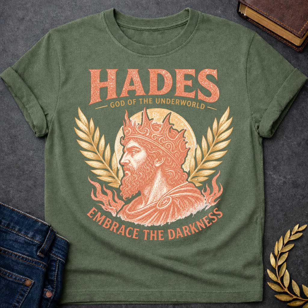 Military Green t-shirt with a Vintage Greek mythology shirt featuring Hades, God of the Underworld, portrayed as a bearded king wearing an ornate crown. Distressed coral and gold artwork includes laurel branches, a glowing circular backdrop, underworld flames, and the bold text “Hades God of the Underworld” and “Embrace the Darkness.”
