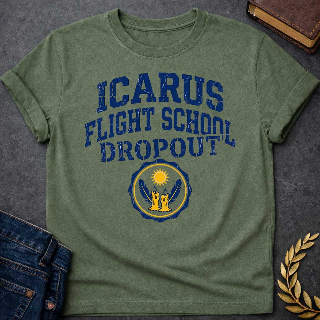 Military Green in distressed collegiate style: bold navy blue arched text with a cracked, weathered texture above a circular emblem featuring two melting wax candles with wings and a blazing sun, gold and navy on a white badge.