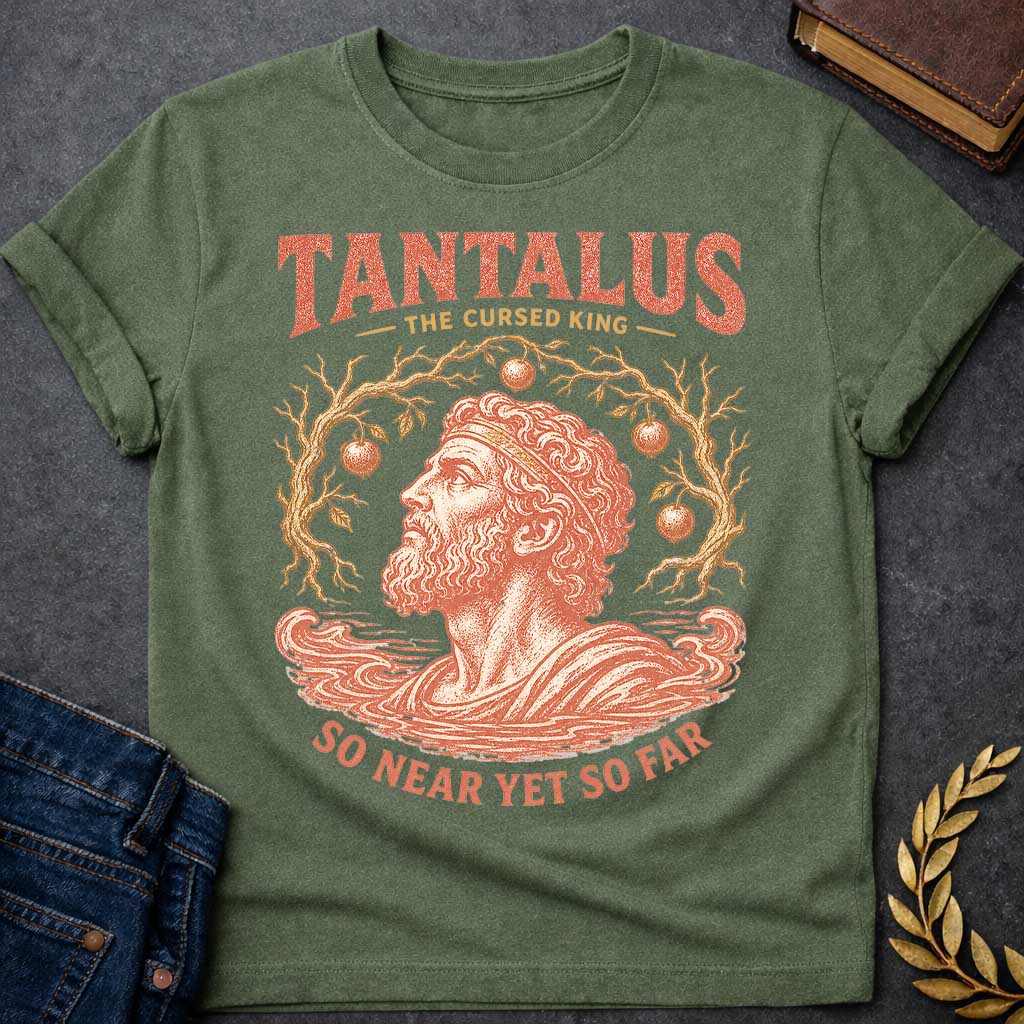 Military Green t-shirt with a Vintage Tantalus Greek mythology design featuring the cursed king surrounded by unreachable fruit trees and rising water. Distressed terracotta and gold artwork includes the text “Tantalus,” “The Cursed King,” and “So Near Yet So Far,” representing his eternal punishment of endless hunger, thirst, and temptation.