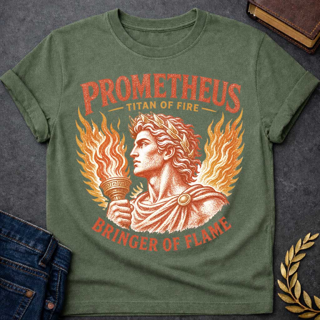 Military Green t-shirt with a Vintage Prometheus Greek mythology design featuring the Titan of fire holding a flaming torch, framed by dramatic flames and a laurel crown. Distressed terracotta and gold artwork includes the bold text “Prometheus,” “Titan of Fire,” and “Bringer of Flame,” celebrating the legendary figure who brought fire to humanity.