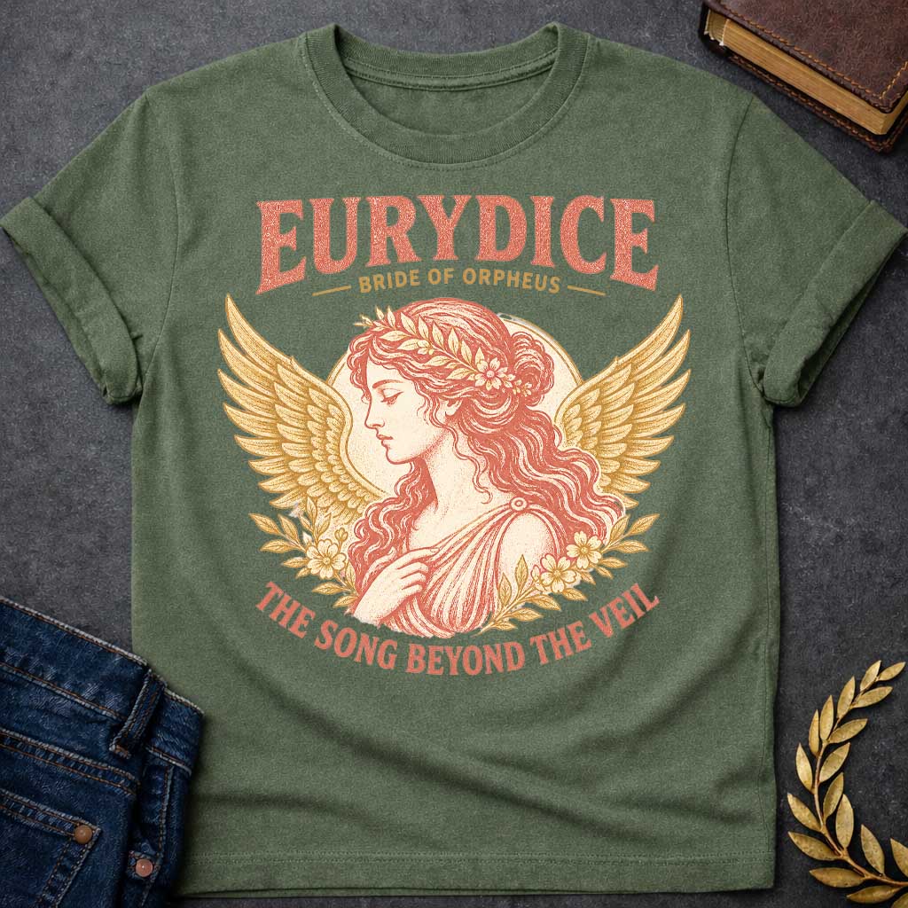 Military Green t-shirt with a Vintage Greek mythology design featuring Eurydice, bride of Orpheus, in an elegant classical portrait framed by golden wings, flowers, and laurel leaves. Distressed coral and gold artwork includes the text “Eurydice Bride of Orpheus” and “The Song Beyond the Veil,” inspired by the tragic myth of Orpheus and Eurydice.