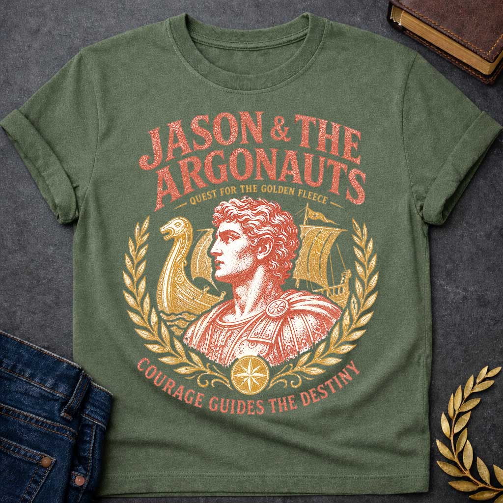 Military Green t-shirt with a Vintage Jason and the Argonauts Greek mythology design featuring Jason in classical armor framed by ancient Greek ships and golden laurel branches. Distressed coral and gold artwork celebrates the legendary quest for the Golden Fleece, with bold text reading “Jason & the Argonauts,” “Quest for the Golden Fleece,” and “Courage Guides the Destiny.”