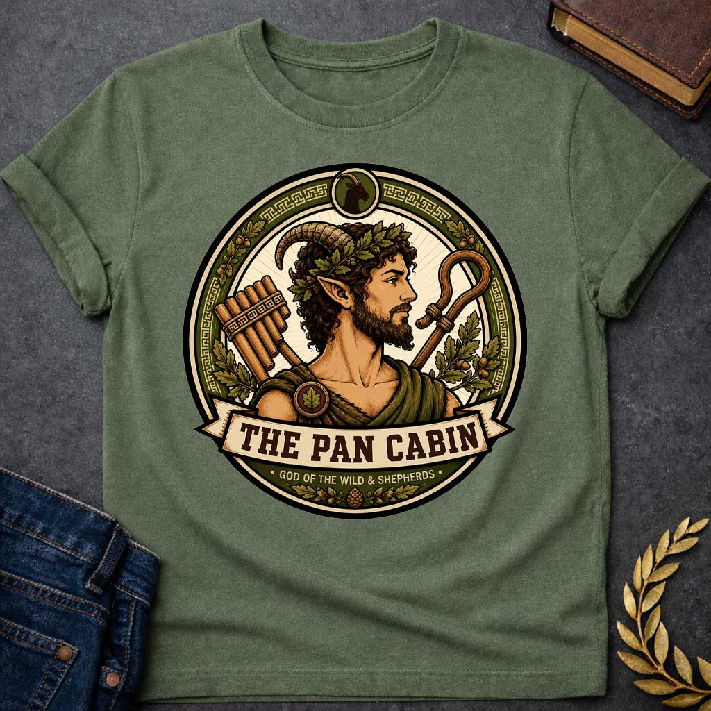 Military Green t-shirt with a Pan Greek mythology cabin design featuring the god of the wild and shepherds with curved goat horns, pointed ears, leafy crown, and rustic robes. Surrounded by panpipes, a shepherd’s crook, oak leaves, acorns, and Greek key details in an earthy green and gold circular emblem. Text reads “The Pan Cabin” and “God of the Wild & Shepherds,”