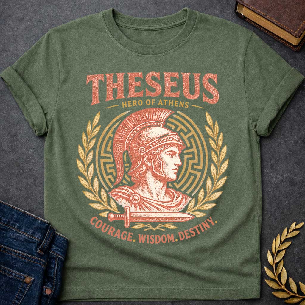 Military Green t-shirt with a Vintage Theseus Greek mythology shirt design featuring the Hero of Athens in a crested warrior helmet, framed by a Greek labyrinth, golden laurel branches, and a sword. Distressed terracotta and gold artwork includes the text “Theseus,” “Hero of Athens,” and “Courage. Wisdom. Destiny.” inspired by the legendary hero of the Minotaur myth.