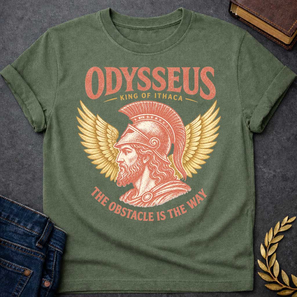 Military Green t-shirt with a Vintage Odysseus Greek mythology design featuring the legendary King of Ithaca in profile wearing a classical crested helmet, framed by large golden wings. Distressed terracotta and gold artwork includes the text “Odysseus,” “King of Ithaca,” and “The Obstacle Is the Way,” inspired by The Odyssey and his legendary journey home.