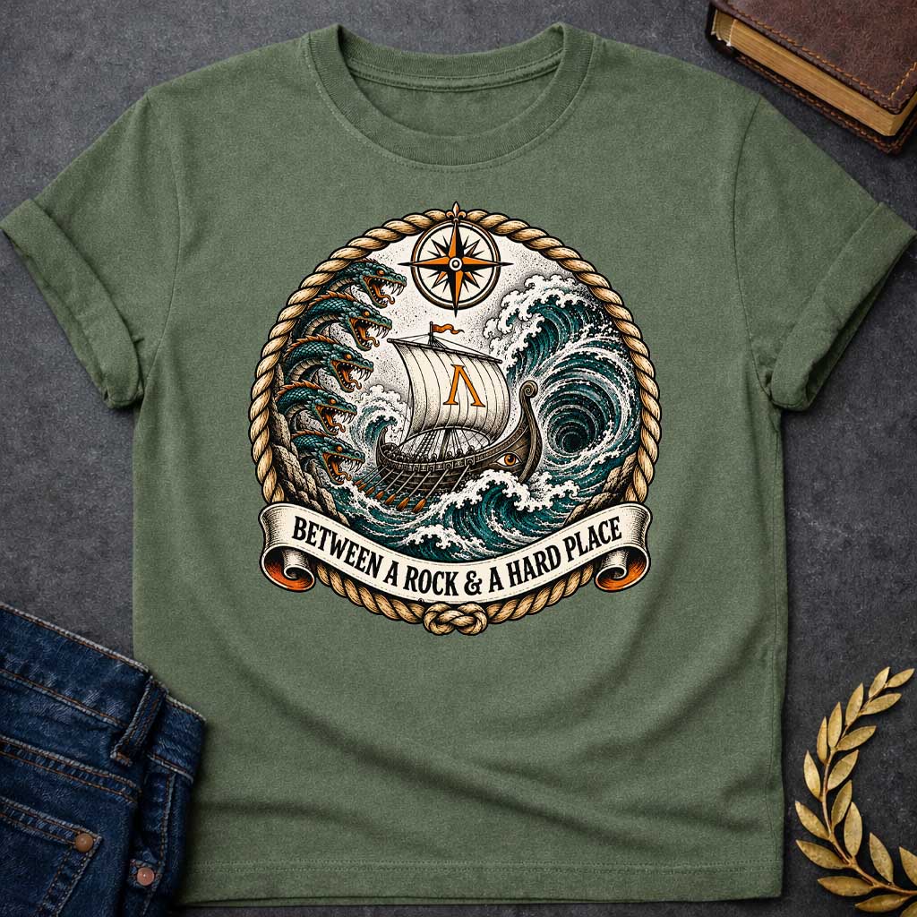 Military Green t-shirt in nautical tattoo style, referencing Scylla and Charybdis: a Greek ship with an eye-painted hull and Lambda-marked sail sails between six-headed serpent Scylla and a swirling whirlpool. A compass rose sits above, with the design bordered by twisted rope and a ribbon banner reading the title below.
