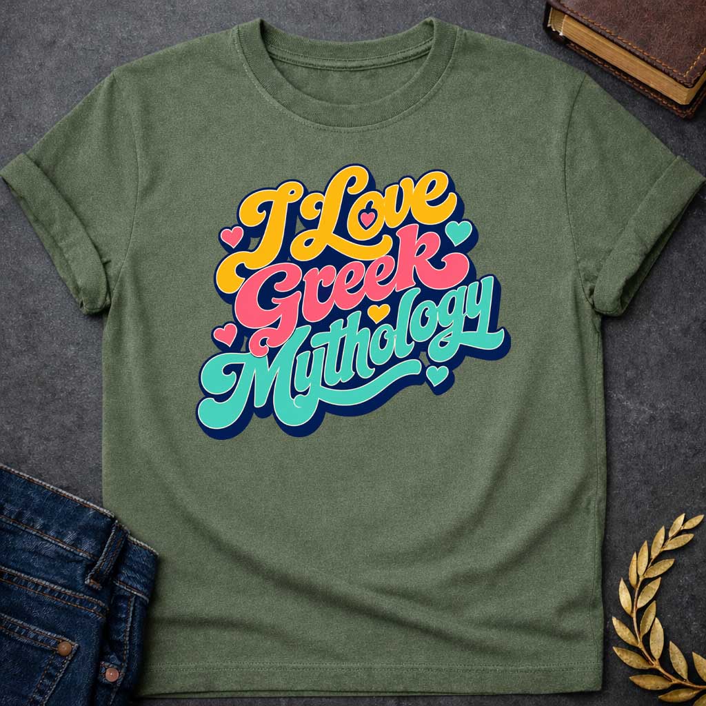 Military Green t-shirt with a Colorful retro typography design featuring the phrase "I Love Greek Mythology" in bold, flowing script. Bright yellow, coral pink, and turquoise lettering is layered over a dark navy outline and surrounded by playful heart accents. The vibrant vintage-inspired design celebrates a love of Greek myths, gods, goddesses, heroes, and ancient legends.