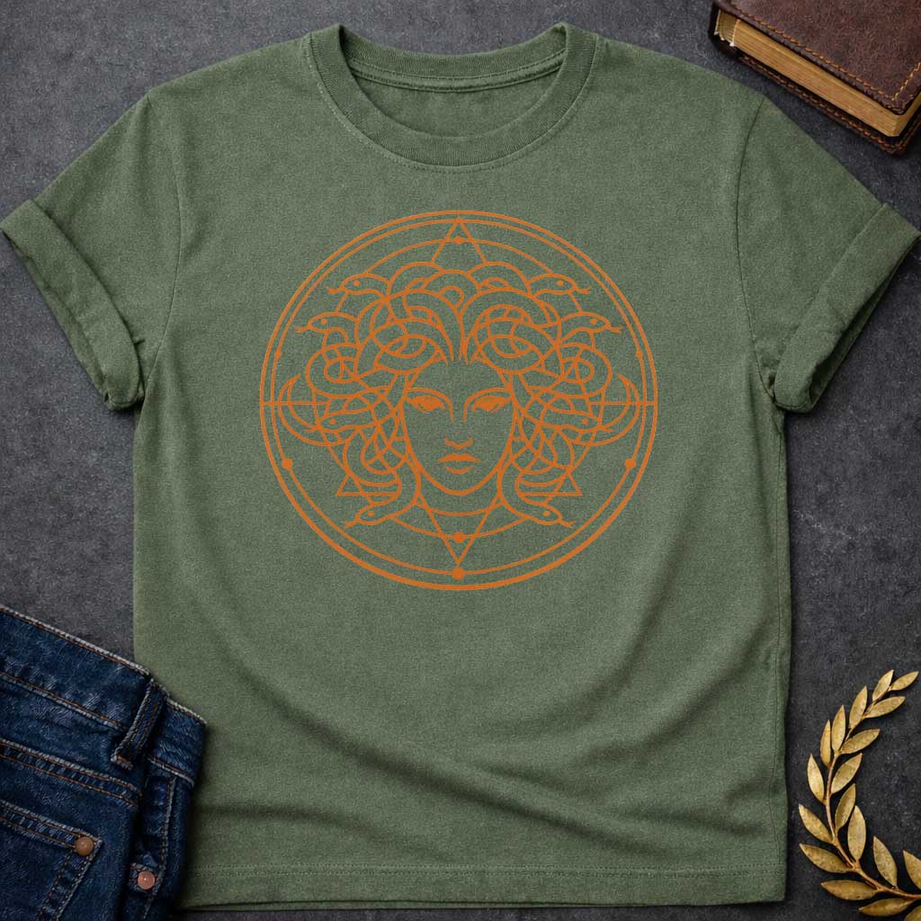 medusa minimalist style greek mythology adult shirt featuring detailed Greek mythology artwork, symbolic design, and bold graphic style