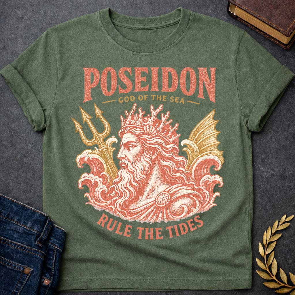 Military Green t-shirt with a Vintage Poseidon Greek mythology design featuring the powerful god of the sea with a flowing beard, coral crown, trident, and crashing ocean waves. Distressed terracotta and gold artwork includes the bold text “Poseidon,” “God of the Sea,” and “Rule the Tides,” creating a classic ancient Greek inspired nautical design.