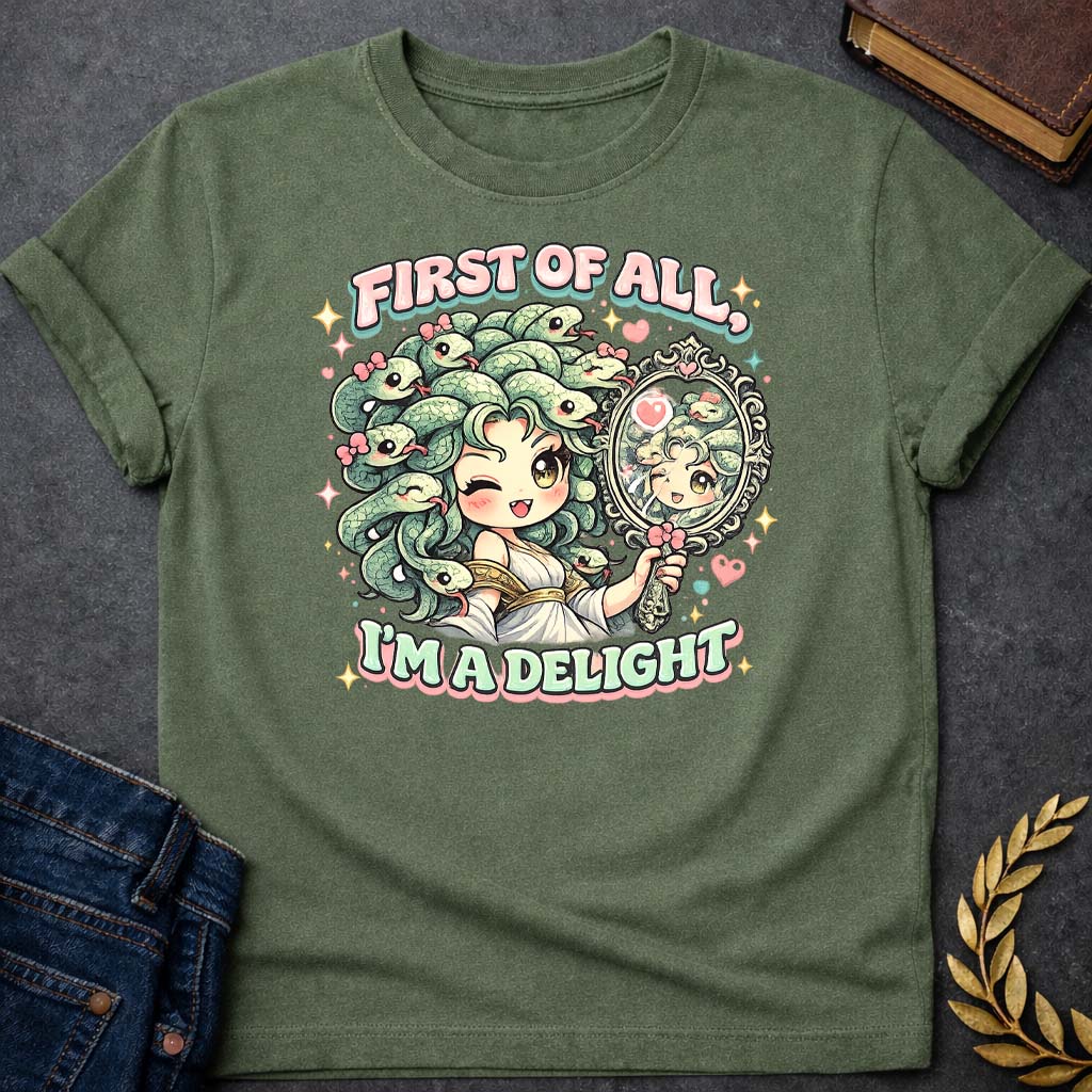 medusa first of all im a delight kawaii style greek mythology adult shirt featuring detailed Greek mythology artwork, symbolic design, and bold graphic style