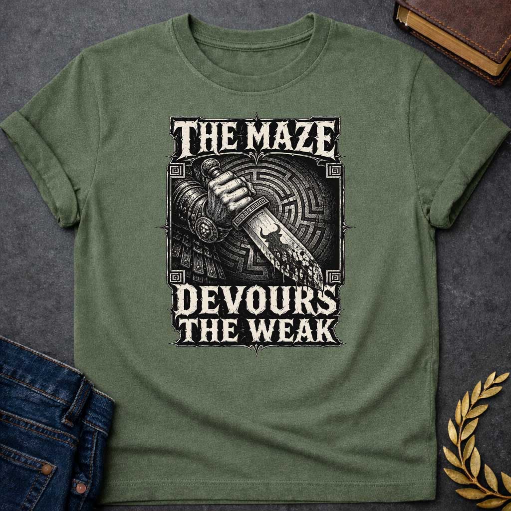 Military Green T-shirt with A Heavy metal aesthetic featuring a muscular clenched fist gripping a bloodstained sword pointing downward through concentric circular maze patterns in the background. Black and white engraving style with ornate decorative border and Greek key patterns in corners. Text reads 'The Maze Devours The Weak' in aggressive metal lettering. Merges Greek labyrinth mythology with dark warrior imagery, celebrating brutal power and survival of the strong.