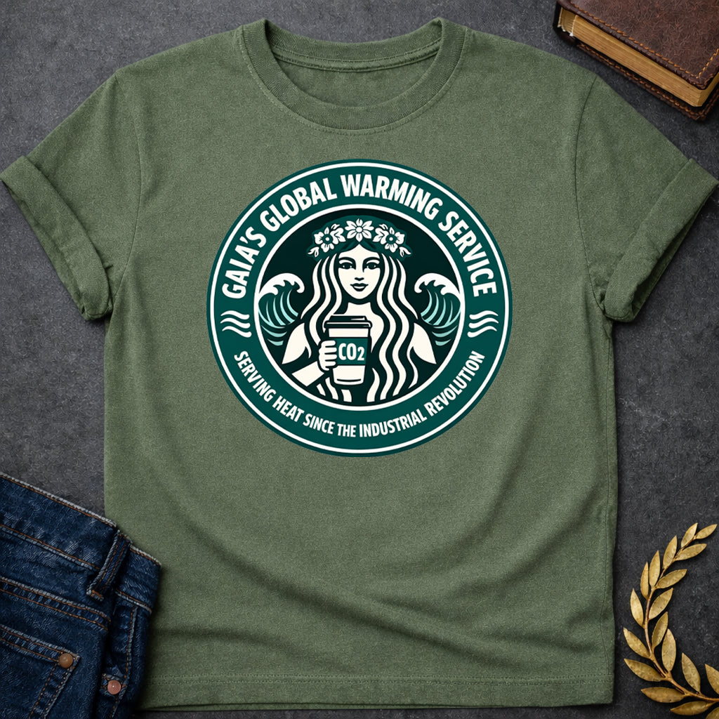 gaia global warming service greek mythology adult shirt featuring detailed Greek mythology artwork, symbolic design, and bold graphic style