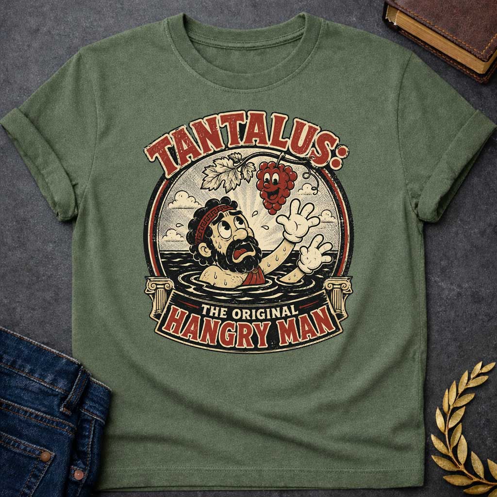 Military Green t-shirt with A vintage 1930s rubber-hose cartoon-style graphic. Inside a circular badge flanked by Greek columns, a distressed Tantalus stands in water reaching desperately toward a smiling cartoon grape cluster dangling above him. Arched text across the top reads "TANTALUS:" while a bottom banner features "THE ORIGINAL HANGRY MAN" in a distressed red and cream color palette.