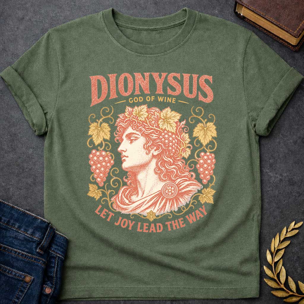 Military Green t-shirt with a Vintage Greek mythology design featuring Dionysus, god of wine, wearing a crown of grape leaves and fruit. Ornate grapevines frame the classical portrait in distressed coral and gold, with the text “Dionysus God of Wine” and “Let Joy Lead the Way,” celebrating wine, revelry, and joy.
