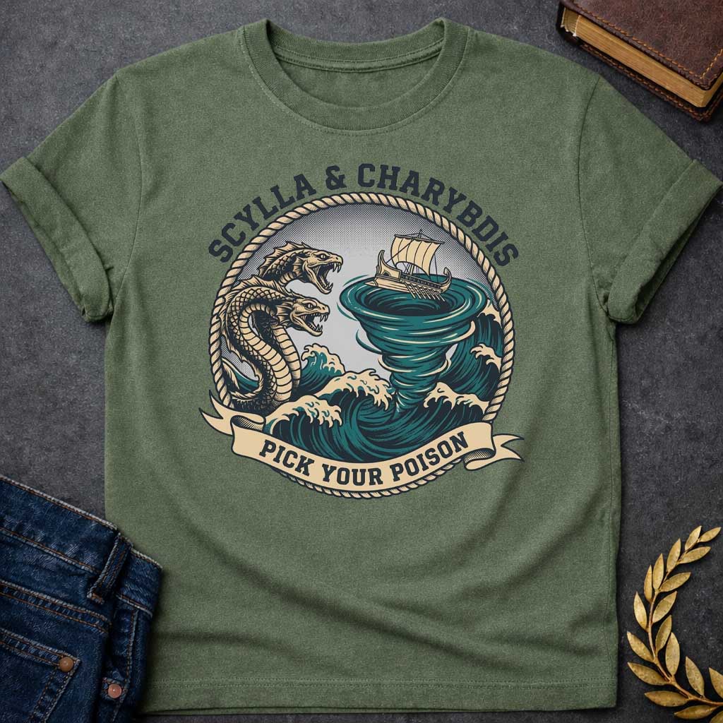 Military Green t-shirt with A nautical, vintage-style graphic depicting Greek mythology. Encased in a circular rope frame, a wooden ship is caught on stormy teal waves between a multi-headed sea monster and a massive swirling whirlpool. Bold text arched along the top reads "SCYLLA & CHARYBDIS", while a beige scroll banner at the bottom displays the phrase "PICK YOUR POISON" in a dark block font.