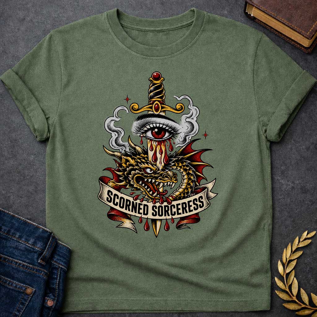 Military Green T-shirt featuring traditional tattoo-style artwork: a gold-hilted dagger with black-and-gold wrapped handle and ruby pommel pierces through a weeping red-irised eye, blood streaming down the blade. A gold and red dragon coils around the dagger, fangs bared, with grey smoke curling behind. A cream ribbon banner below reads "Scorned Sorceress" in bold black lettering, dripping blood, on a white background.