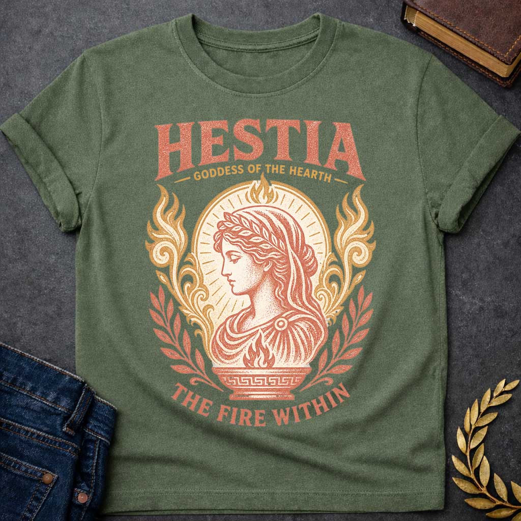 Military Green t-shirt with a Vintage Hestia Greek mythology shirt  featuring the Goddess of the Hearth in profile, wearing a laurel crown and classical robes. She is surrounded by sacred flames, ornate scrollwork, leafy branches, and a glowing hearth motif. Distressed coral and gold artwork includes the bold text “Hestia Goddess of the Hearth” and “The Fire Within.”