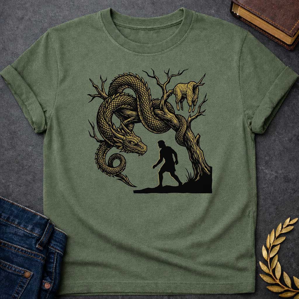 Military Green T-shirt with A dramatic woodcut-style t-shirt design. In a high-contrast black and gold aesthetic, the black silhouette of a Greek warrior approaches a gnarled, leafless tree. Coiled tightly around the branches is a massive, detailed golden dragon with sharp scales, staring down closely at the hero. Hanging from a branch high in the tree is the golden fleece of a ram.
