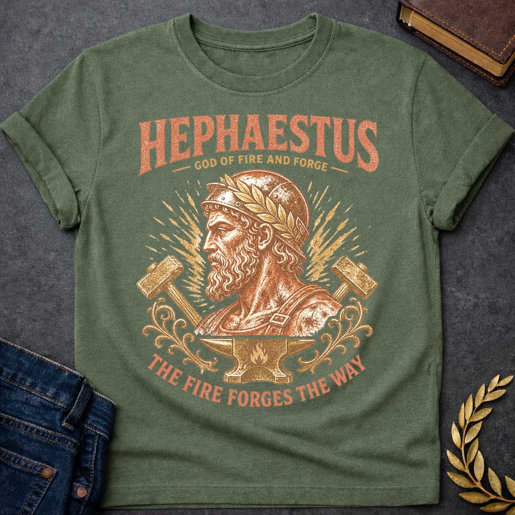 Military Green t-shirt with a Vintage Hephaestus Greek mythology shirt design featuring the bearded God of Fire and Forge wearing a classical helmet and laurel crown. He is framed by crossed blacksmith hammers, fiery sparks, ornate details, and an anvil with a flame symbol. Distressed coral and gold artwork includes the text “Hephaestus God of Fire and Forge” and “The Fire Forges the Way.”