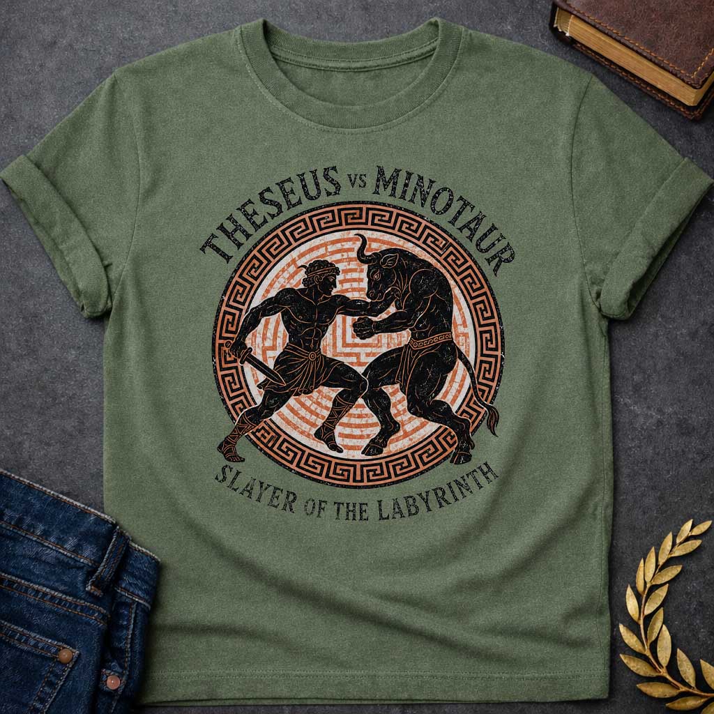 Military Green T-shirt with A vintage, Greek pottery-style graphic depicting a battle. At the center, the muscular hero Theseus holds a sword as he wrestles the powerful Minotaur. The black figure silhouettes are set against an orange labyrinth pattern inside a circular frame with a Greek key border. Distressed text reads "THESEUS VS MINOTAUR" arched across the top and "SLAYER OF THE LABYRINTH" curved along the bottom.