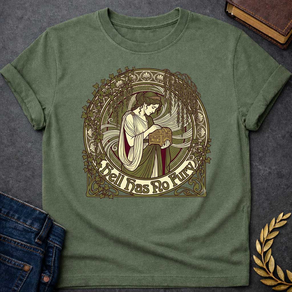 Military Green T-shirt with an Art Nouveau illustration of a classical woman in flowing cream and burgundy robes holding an ornate decorative box, surrounded by intricate ivy vines and architectural flourishes. Green, cream, and burgundy palette with elaborate frame. Text reads 'Hell Has No Fury.' References Medea's legendary wrath and the famous quote about a woman scorned. Celebrates the fierce power of feminine rage and vengeance in Greek mythology.