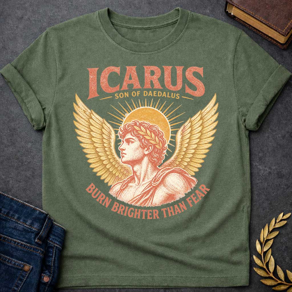 Military Green t-shirt with a Vintage Icarus Greek mythology design featuring the son of Daedalus in profile with large golden wings, a laurel crown, and a radiant sun behind him. Distressed coral and gold artwork gives the design an antique classical look, with bold text reading “Icarus Son of Daedalus” and “Burn Brighter Than Fear.”