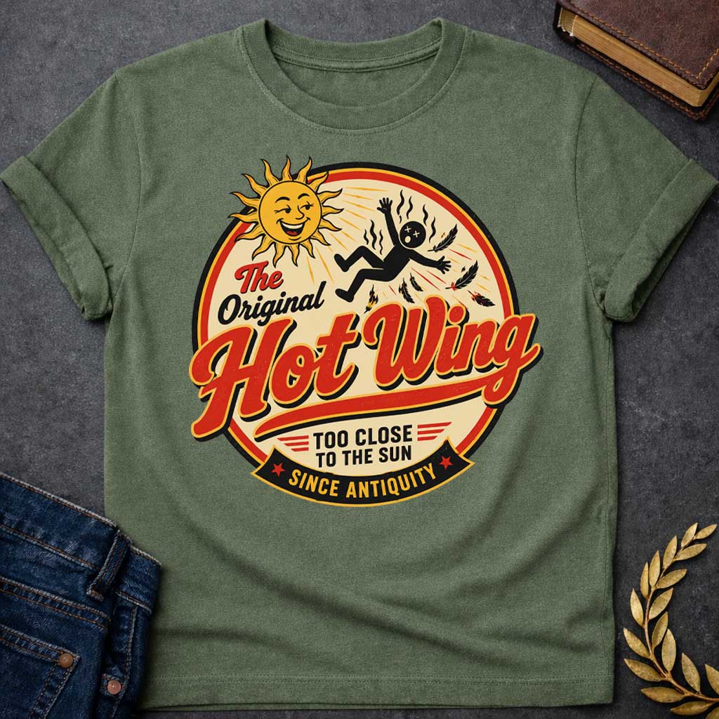 Military Green t-shirt with a retro diner-style graphic. Inside a circular badge, a smiling sun character beams as a black stick-figure of Icarus falls with burning feathers. Bold red script text across the center reads "The Original Hot Wing", flanked by additional text reading "TOO CLOSE TO THE SUN" and a bottom banner that reads "SINCE ANTIQUITY" in a vintage food-brand aesthetic.