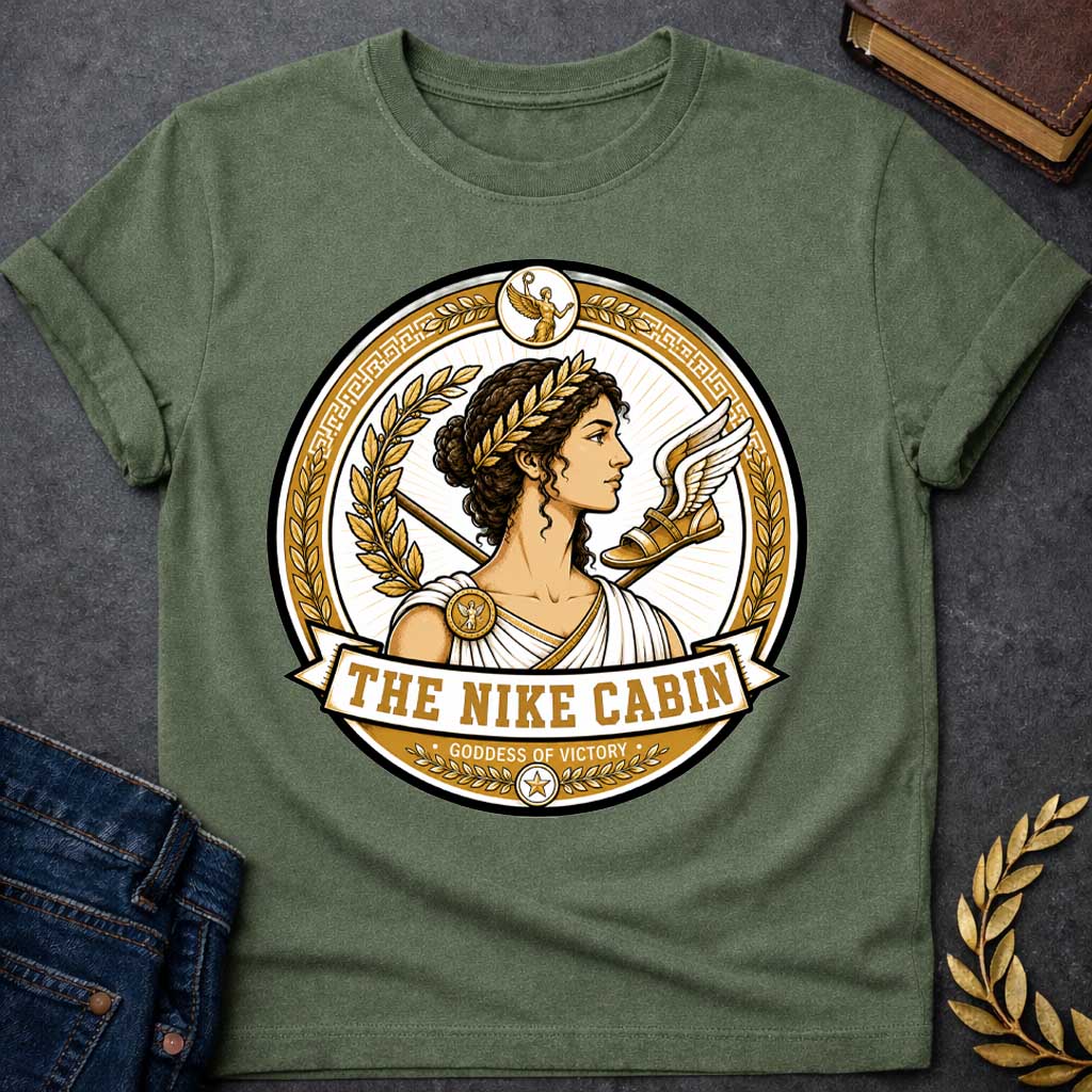 Military Green t-shirt with a Nike Greek mythology cabin design featuring the goddess of victory in a detailed gold and white circular emblem. Nike wears a laurel crown and classical robes, surrounded by golden laurel branches, a spear, winged sandal, Greek key patterns, and victory symbols. Text reads “The Nike Cabin” and “Goddess of Victory,”