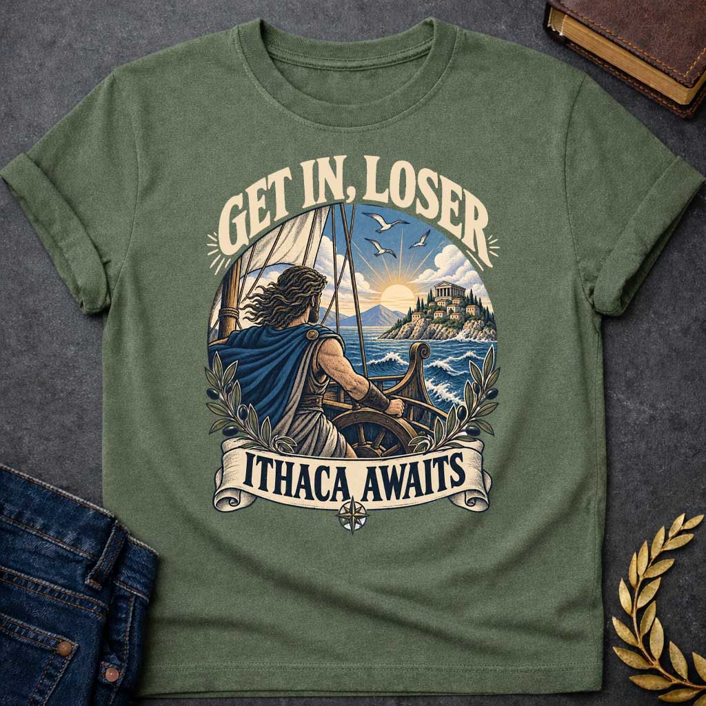 Military Green t-shirt with a Vintage Greek mythology design featuring Odysseus sailing toward Ithaca at sunset, surrounded by ocean waves, olive branches, and ancient Greek details. Bold text reads “Get In, Loser” and “Ithaca Awaits,” celebrating The Odyssey and Odysseus’ legendary journey home.
