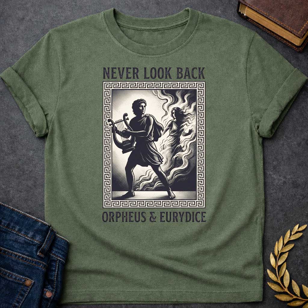 Military Green t-shirt in engraved woodcut style: Orpheus strides forward carrying a lyre while Eurydice dissolves into smoke and shadow behind him, reaching out. The scene sits within a Greek key-patterned rectangular border, framed by bold serif text above and below, on a cream and black palette.
