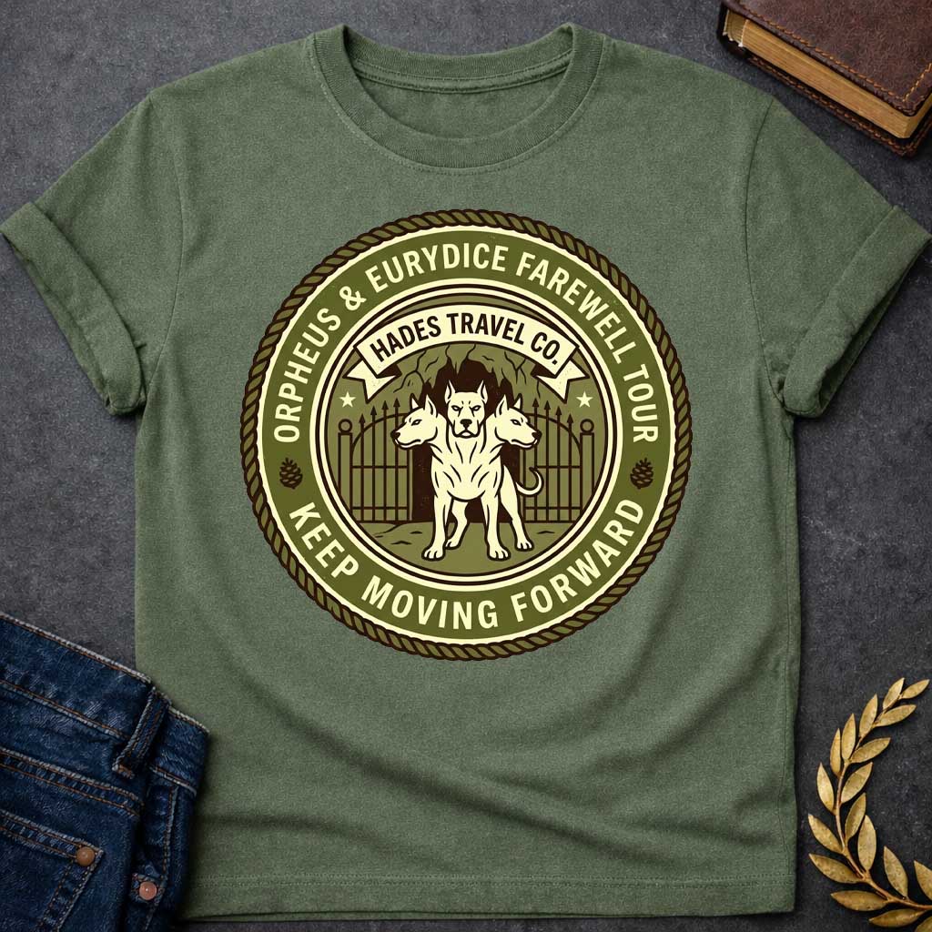 Military Green t-shirt in vintage travel-badge style: three-headed Cerberus stands guard before an underworld cave gate. Olive green and cream circular design with rope border reads "Orpheus & Eurydice Farewell Tour" above and "Keep Moving Forward" below, with pinecone icons and stars flanking the scene.