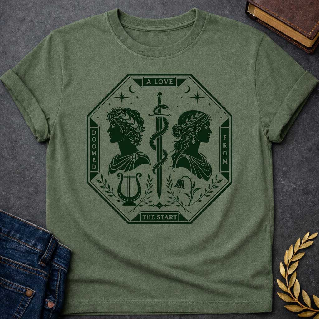 Military Green t-shirt in dark green tarot-card style: an octagonal frame shows two facing silhouette profiles (a laurel-crowned man and a woman with a headband) separated by a snake-entwined sword. Below them sit a lyre and a drooping flower, framed by olive branches, stars, and crescent moons, evoking Orpheus and Eurydice.