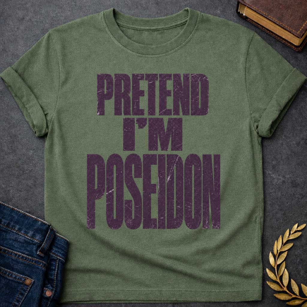 Military Green t-shirt with a Pretend I’m Poseidon Greek mythology design featuring bold distressed dark purple typography on a transparent background. The stacked text reads “PRETEND I’M POSEIDON” in a rugged vintage block font, creating a humorous design inspired by Poseidon, the Greek god of the sea, storms, earthquakes, and horses.