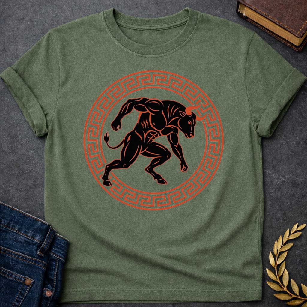 Military green T-shirt with A minimalist, athletic-style t-shirt graphic.  At the center is a highly muscular, black silhouette of a charging Minotaur with orange-red highlights and sharp horns. The dynamic creature is enclosed within a circular frame decorated with a classic terracotta-colored ancient Greek key (meander) pattern, creating a bold, timeless emblem design for apparel.

