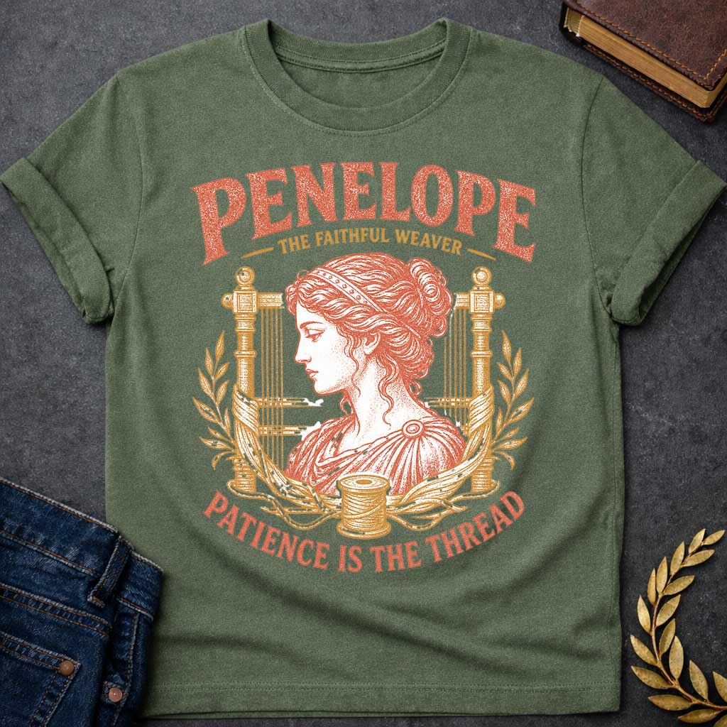 Military Green t-shirt with a Vintage Penelope Greek mythology design featuring the faithful weaver in profile, framed by an ancient loom, laurel branches, flowing thread, and a spool. Distressed terracotta and gold artwork includes the text “Penelope,” “The Faithful Weaver,” and “Patience Is the Thread,” inspired by her loyalty and perseverance in The Odyssey.