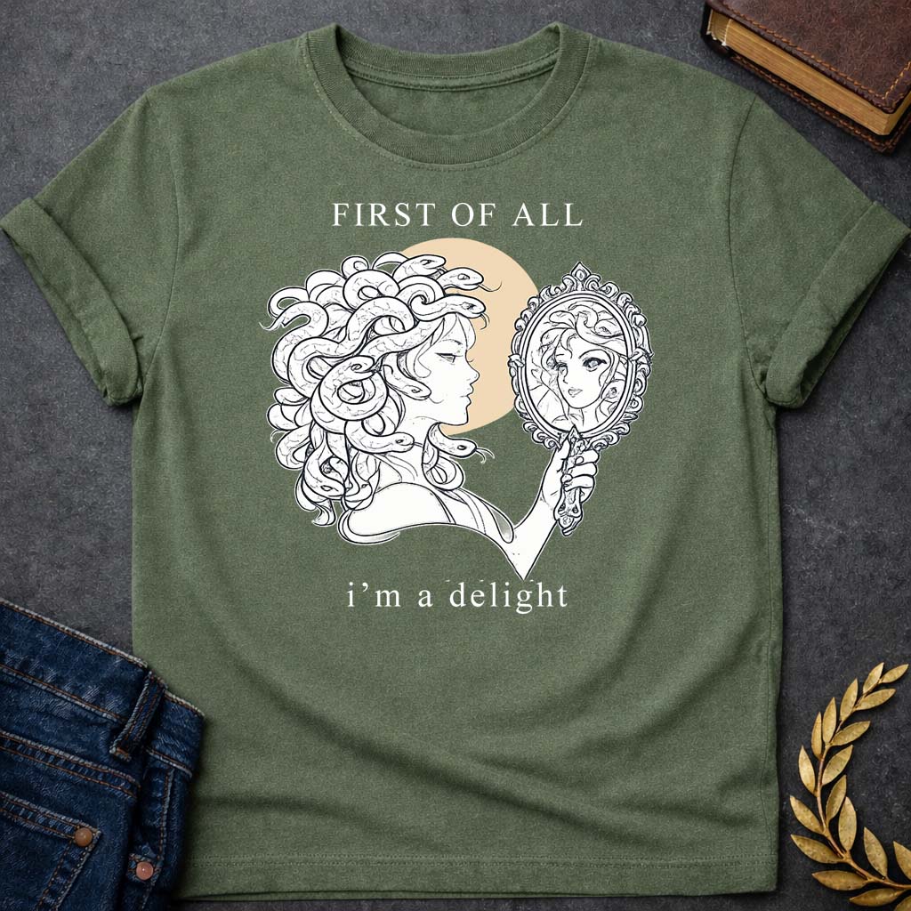 medusa first of all im a delight minimalist style greek mythology adult shirt featuring detailed Greek mythology artwork, symbolic design, and bold graphic style