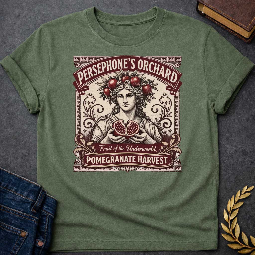 persephone orchard pomegranate harvest greek mythology adult shirt featuring pomegranate, underworld queen symbolism in dark floral mythology design