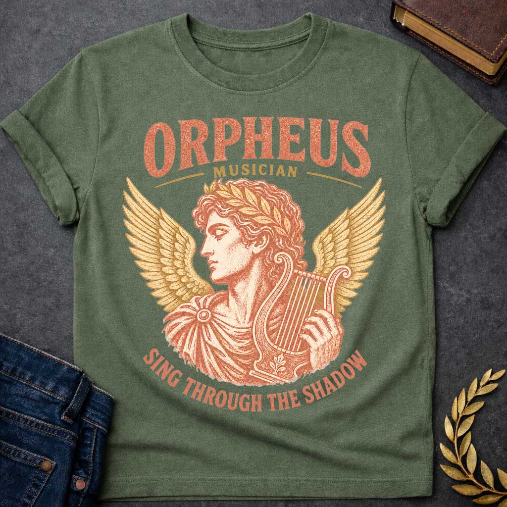 Military Green t-shirt with a Vintage Orpheus Greek mythology  design featuring the legendary musician in profile wearing a laurel crown and holding a classical lyre, framed by golden wings. Distressed terracotta and gold artwork includes the text “Orpheus,” “Musician,” and “Sing Through the Shadow,” inspired by the tragic myth of Orpheus and Eurydice.