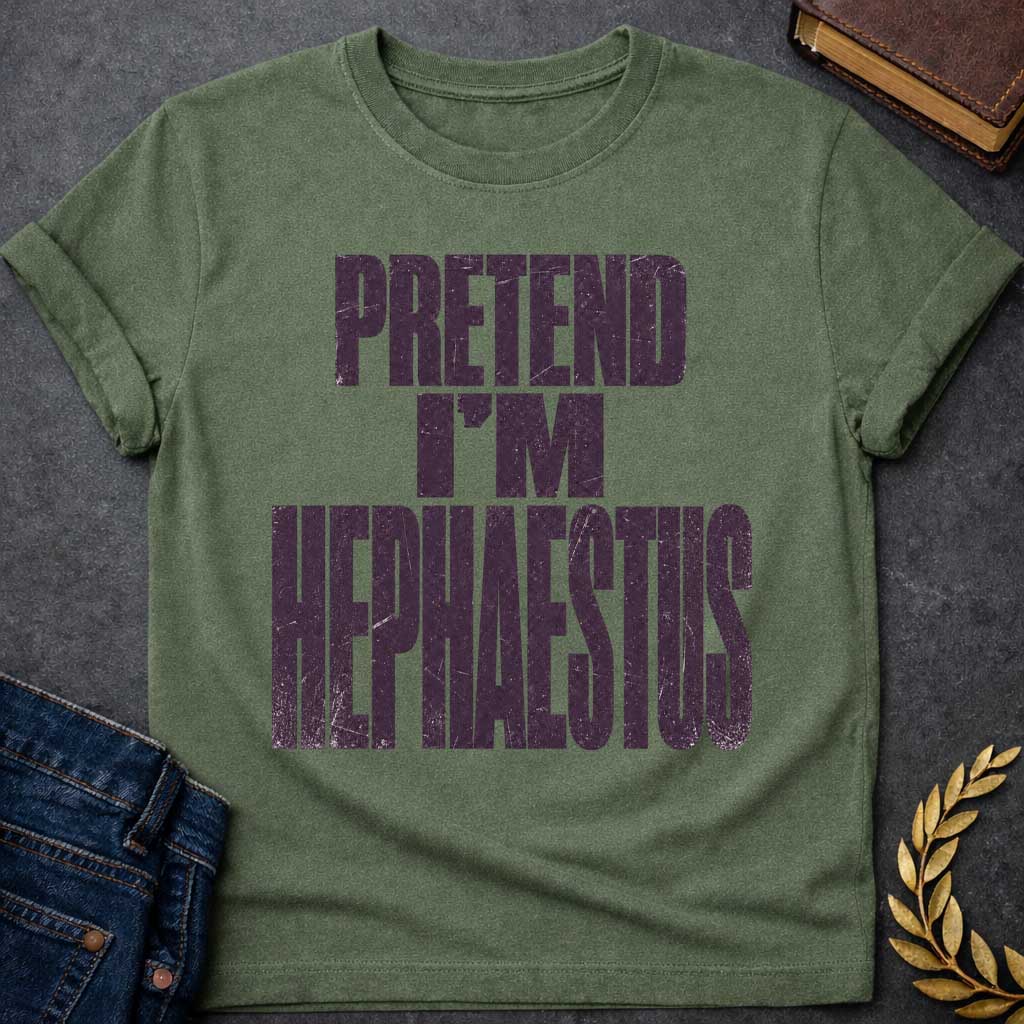 Military Green t-shirt with a Pretend I’m Hephaestus Greek mythology design featuring bold distressed dark purple typography on a transparent background. The stacked text reads “PRETEND I’M HEPHAESTUS” in a rugged vintage block font, creating a humorous design inspired by Hephaestus, the Greek god of fire, metalworking, blacksmiths, craftsmanship, and the forge.