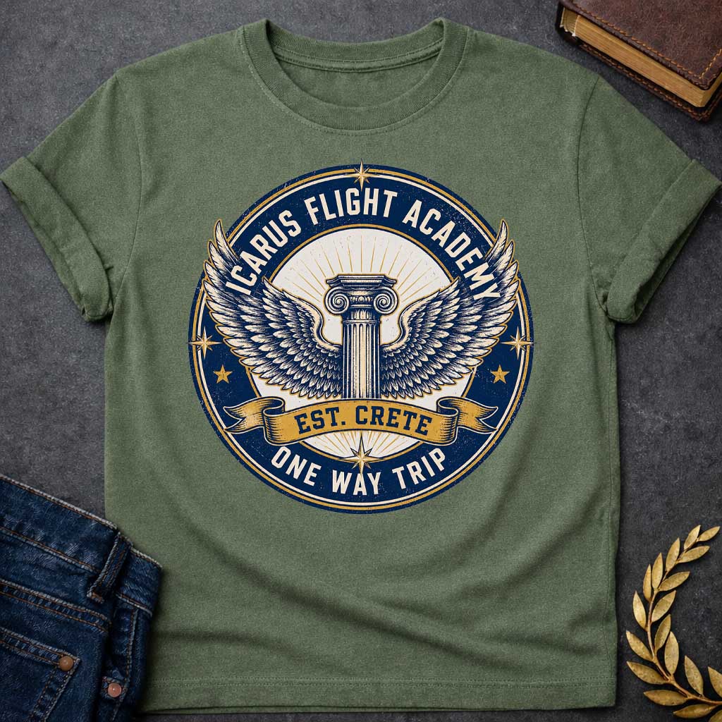 Military Green t-shirt A circular, distressed vintage emblem design. At the center of a cream circle, a classic Greek Ionic column sprouts a large pair of detailed, spreading wings. A dark blue outer ring features the text "ICARUS FLIGHT ACADEMY" at the top and "ONE WAY TRIP" at the bottom. A golden banner across the center reads "EST. CRETE," adding a dark humor twist to the mythological flight.