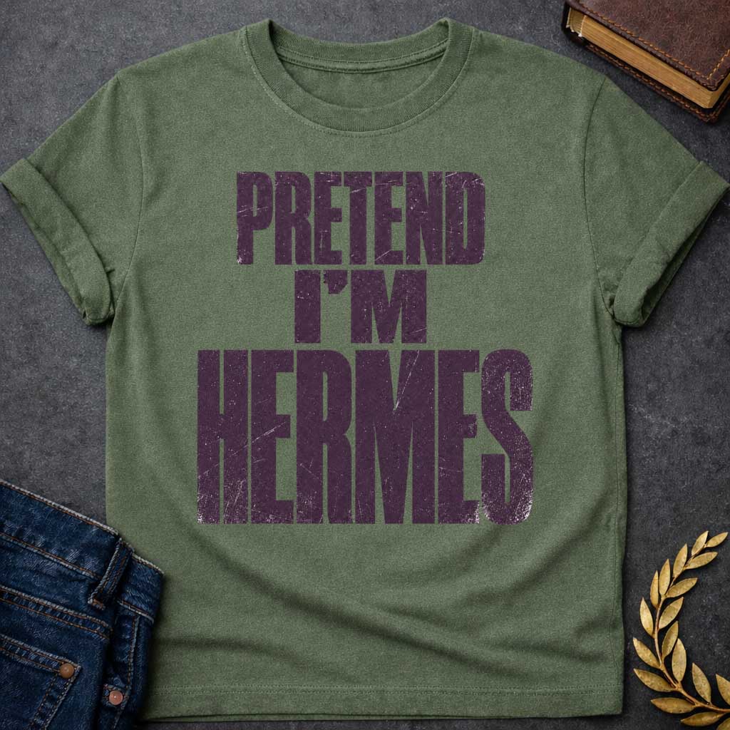 Military Green t-shirt with a Pretend I’m Hermes Greek mythology  design featuring bold distressed dark purple typography on a transparent background. The stacked text reads “PRETEND I’M HERMES” in a rugged vintage block font, creating a humorous design inspired by Hermes, the Greek god of travel, messengers, trade, and trickery.